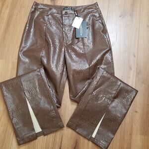 Pretty Little Thing Faux Leather Croc Split Hem Skinny Trousers Size 8 Choc